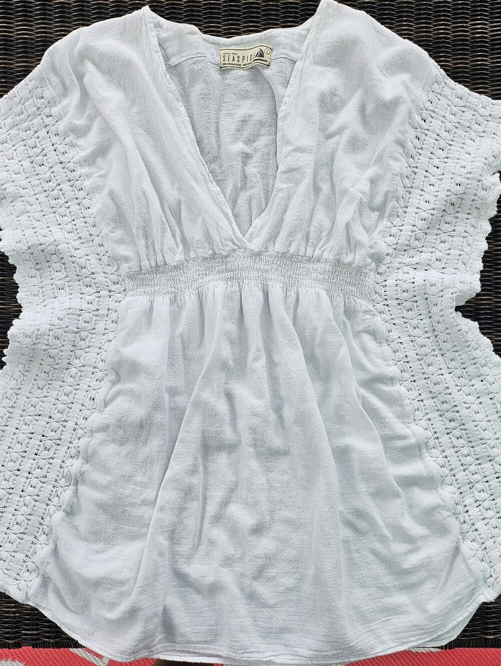 White V-Neck Smocked Waist Tunic Top
